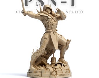 Puede incluir: Figura de acción beige de un guerrero en pose dinámica, empuñando una espada. La figura está detallada con armadura y casco con capucha. La base presenta un símbolo y el texto "PSN-I DIGITAL SCULPTURE STUDIO".