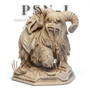 Puede incluir: Escultura beige de una criatura peluda y con cuernos con un jinete. La escultura tiene detalles intrincados, incluyendo el pelaje y los cuernos de la criatura, y la ropa del jinete. La base tiene el texto "DIGITAL" y "PSN-I".