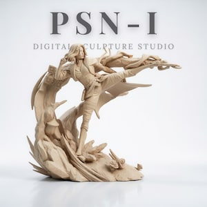 May include: A beige sculpture of a person in a dynamic pose, set on a stylized base with tree-like elements. The figure is dressed in detailed clothing. The text "PSN-I DIGITAL SCULPTURE STUDIO" is displayed above the sculpture.