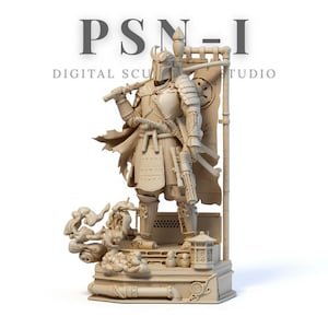 Puede incluir: Escultura beige de un guerrero samurái con armadura, sosteniendo una espada y un bláster. La escultura presenta una armadura detallada y una pancarta con un emblema circular. El texto "PSN-I DIGITAL SCU STUDIO" está en la parte superior.