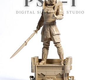 May include: A beige warrior figurine holding a spear, standing on a detailed platform. The figurine is wearing armor and a helmet. The text "PSH-I DIGITAL SCULPT STUDIO" is in the background.