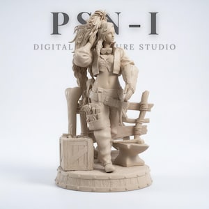 Può includere: Una statuetta beige di una donna in un abito di ispirazione steampunk, che si tiene i capelli. La figura è in piedi vicino a una staccionata di legno, un'incudine e una cassetta degli attrezzi. Il testo "PSN-I DIGITAL FIGURE STUDIO" è visibile sullo sfondo.