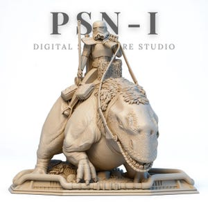 May include: A detailed sculpture of a Stormtrooper riding a large, reptilian creature. The figure is in a neutral color palette, with the text "PSN-I DIGITAL STUDIO" at the top. The creature has a textured hide and is mounted on a base.