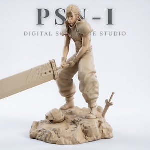 May include: A tan-colored figurine of a character holding a large sword. The figure is standing on a rocky base with a helmet and a smaller sword nearby. The text "PSN-I DIGITAL SCULPTURE STUDIO" is visible in the background.