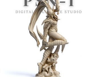 May include: A beige-colored fantasy figurine of a warrior woman in a dynamic pose, holding two curved blades. The figure is adorned with detailed armor and flowing hair. The base is a cloud-like formation, and the text "PSN-I DIGITAL STUDIO" is visible.