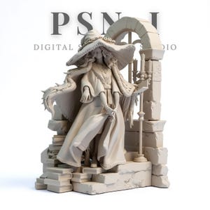 May include: A detailed, off-white statue of a robed figure with a wide-brimmed hat, standing before an archway and stone structure. The figure holds a book, and the base features stacked books. The text "PSN DIGITAL STUDIO" is visible.