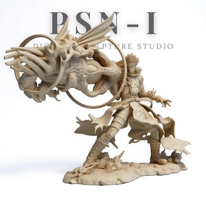 May include: A beige sculpture of a figure in a military-style outfit, posed dynamically with a large, ornate creature. The sculpture is on a base with the text "PSN-I DIGITAL SCULPTURE STUDIO" in the background.