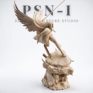 May include: A beige sculpture of a winged figure in a dynamic pose, holding a spear. The figure is atop a rocky base. The studio name "PSN-I" and "SCULPTURE STUDIO" are visible in the background.