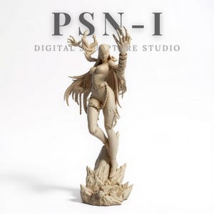 May include: A beige sculpture of a female figure with long hair and elaborate costume, standing on a rocky base. The figure has outstretched arms with claw-like hands. The text "PSN-I DIGITAL SCULPTURE STUDIO" is above the figure.