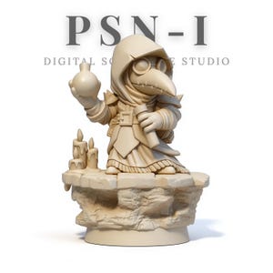 Op de afbeelding: Beige beeldje van een pestdokter met een lange snavel, die een fles en een rol vasthoudt. Het beeldje staat op een stenen platform met drie brandende kaarsen. De tekst "PSN-I DIGITAL SCULPTURE STUDIO" staat erboven.