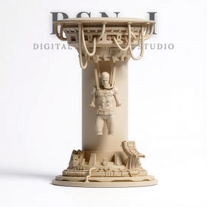 May include: A beige sculpture featuring a futuristic design. The sculpture includes a cylindrical column with a figure suspended from the top. The top has a circular platform with various tubes and wires. The base has a detailed, layered design. The text "DIGITAL STUDIO" is visible.