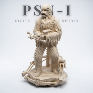 May include: A light beige figurine of Chewbacca from Star Wars, holding a crossbow. The figure is standing on a detailed base with mechanical elements. The text "PSI-I DIGITAL STUDIO" is visible in the background.
