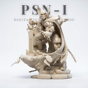 May include: A detailed beige sculpture of a character holding a sword, wearing armor and a cape. The sculpture is on a rocky base with chains and the text "PSN-I DIGITAL SCULPT STUDIO" in the background.