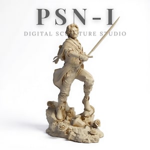 Könnte beinhalten: Beigefarbene Skulptur eines Mannes, der ein Schwert hält und auf einem felsigen Sockel mit Rosendetails steht. Die Skulptur ist detailliert mit Kleidung und Gesichtszügen. Der Text "PSN-I DIGITAL SCULPTURE STUDIO" befindet sich darüber.
