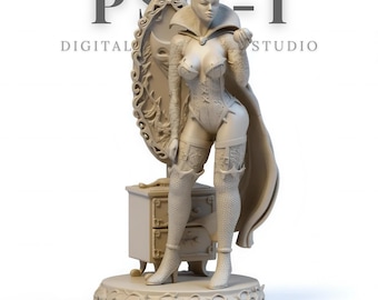 May include: A detailed figurine of a queen in a crown and cape, holding an apple. The figure stands before a mirror and small cabinet. The base is decorated with ornate scrollwork. The text "PSN-I DIGITAL STUDIO" is visible above the figure.