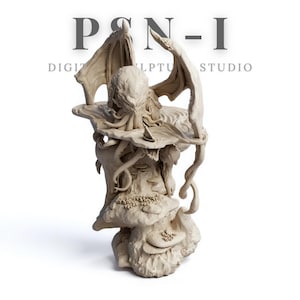 May include: A beige sculpture of a creature with wings, tentacles, and a humanoid head, perched atop a stylized rock formation. The sculpture has intricate details and is set against a white background. The text "PSN-I DIGITAL SCULPT STUDIO" is at the top.