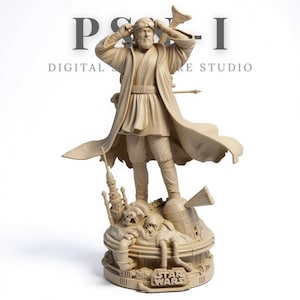 May include: A beige-colored Star Wars statue featuring a character in a long coat and goggles, with arms raised. The statue is standing on a detailed base with the Star Wars logo. The text "PS-I DIGITAL SCULPTURE STUDIO" is in the background.