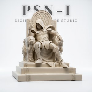 May include: A beige statue of a hooded figure seated on a throne, flanked by lion sculptures. The figure is wearing armor and a cape. The throne is on a stepped base. The text "PSN-I DIGITAL IDE STUDIO" is at the top.