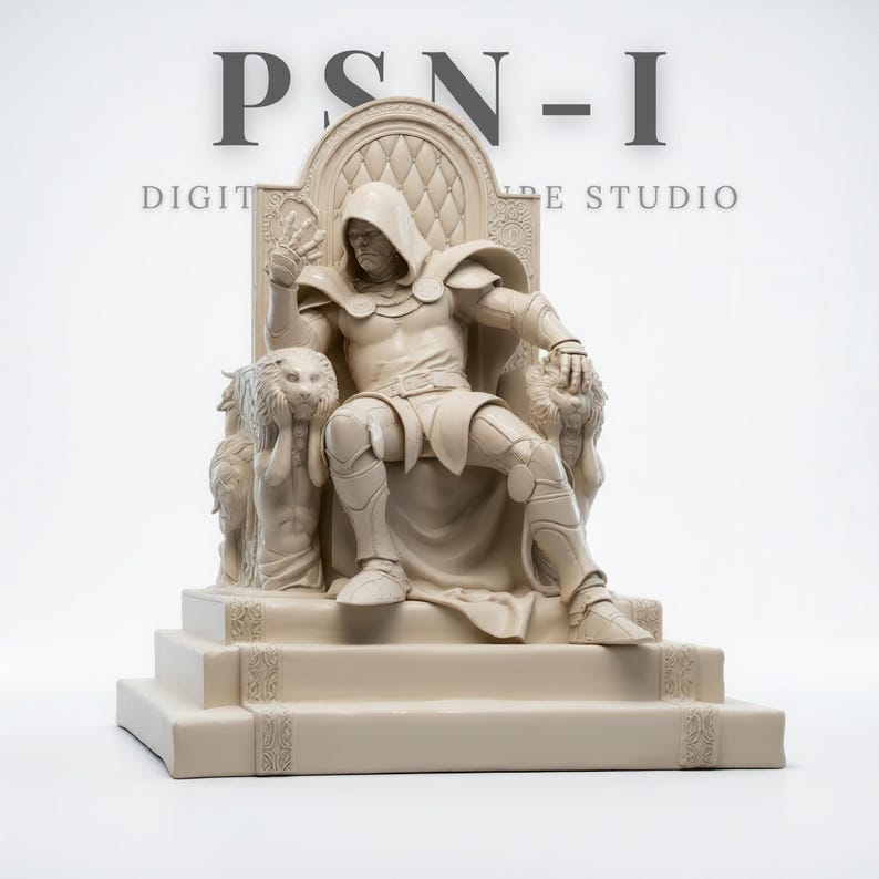 May include: A beige statue of a hooded figure seated on a throne, flanked by lion sculptures. The figure is wearing armor and a cape. The throne is on a stepped base. The text "PSN-I DIGITAL IDE STUDIO" is at the top.