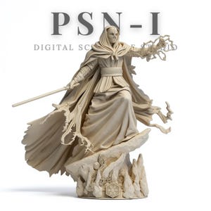 May include: A beige-colored statue of a robed figure holding a lightsaber and extending a hand with energy effects. The figure is seated on a rocky base with a symbol. The text "PSN-I DIGITAL SC" is at the top.