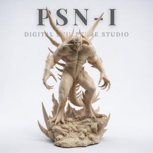May include: A beige-colored sculpture of a demonic figure with large horns, wings, and sharp claws. The figure stands on a rocky base with skulls. The text "PSN-I DIGITAL SCULPTURE STUDIO" is visible in the background.