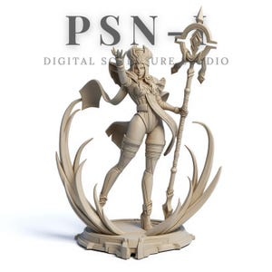 May include: A beige figurine of a female character holding a staff with a circular top. The figure is wearing a detailed outfit and a headpiece. The base of the figurine has a geometric design, and the text "PSN DIGITAL SCULPTURE STUDIO" is visible.