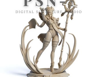 May include: A beige figurine of a female character holding a staff with a circular top. The figure is wearing a detailed outfit and a headpiece. The base of the figurine has a geometric design, and the text "PSN DIGITAL SCULPTURE STUDIO" is visible.