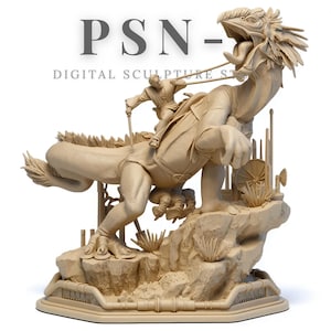 May include: A beige digital sculpture of a creature with a rider, set on a rocky base. The creature has an open mouth and detailed features. The sculpture includes the text "PSN - DIGITAL SCULPTURE STUDIO".