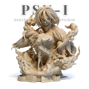 Könnte beinhalten: Beigefarbene Skulptur, die eine Szene aus der Anime-Serie Attack on Titan darstellt. Die Skulptur zeigt eine große Titanfigur, die eine kleinere Figur hält, mit detaillierten wolkenartigen Elementen und dem Text "PSN-I DIGITAL STUDIO" oben.