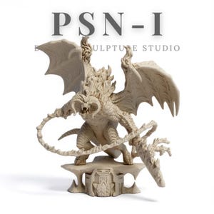 May include: A beige sculpture of a winged demon with horns, a snarling mouth, and a fiery mane. The demon holds a whip and stands on a decorative base. The text "PSN-I SCULPTURE STUDIO" is at the top.