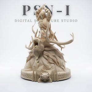 May include: A beige statue of a warrior wielding a sword, riding a creature with large antlers and an open mouth. The statue is on a decorative base with the text "PSN-I DIGITAL SCULPTURE STUDIO" above it.