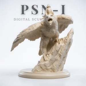 May include: A detailed off-white sculpture of a mythical griffin with outstretched wings, perched on a rocky outcropping. The sculpture has intricate feather and texture details. The base is a simple, round, off-white pedestal. The text "PSN-I DIGITAL SCULPT" is visible.