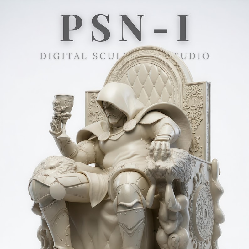May include: A detailed sculpture of a figure in a hooded cloak seated on an ornate throne, holding a goblet. The throne features intricate carvings and a lion's head armrest. The text "PSN-I DIGITAL SCULPT STUDIO" is above the sculpture.