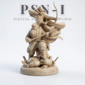 May include: A beige sculpture of two figures in a dynamic pose. One figure is drawing a bow, the other is holding an axe. The sculpture is mounted on a round base with a patterned edge. The text "PSN-I DIGITAL STUDIO" is visible above the figures.