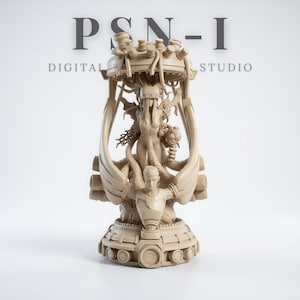 May include: A beige sculpture with intricate details, featuring a central figure surrounded by organic and mechanical elements. The sculpture has a futuristic design with the text "PSN-I DIGITAL STUDIO" in the background.