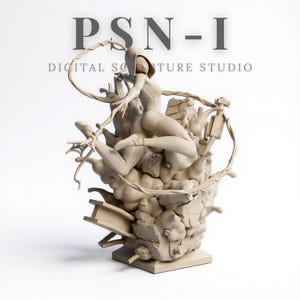 Może przedstawiać: Beżowa rzeźba przedstawiająca postać kobiety w dynamicznej pozie, otoczona abstrakcyjnymi formami i elementami architektonicznymi. Rzeźba ma gładkie wykończenie i jest umieszczona na białym tle. Widoczny jest tekst "PSN-I DIGITAL SCULPTURE STUDIO".