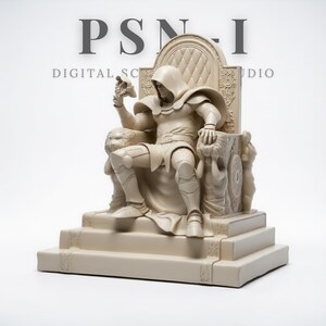 May include: A beige statue of a hooded figure seated on an ornate throne. The figure is holding a skull and is wearing armor. The throne is decorated with relief carvings and sits atop a stepped base. The text "PSN-I DIGITAL STUDIO" is visible in the background.