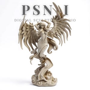 Puede incluir: Una escultura beige de una figura alada con cabello y drapeado fluidos. La figura posa con los brazos levantados y las alas están detalladas con plumas en capas. La escultura está montada sobre una base en forma de nube. El texto "PSNI DIGITAL SCULPTURE STUDIO" está en la parte superior.