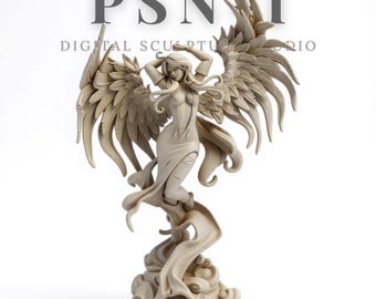 May include: A beige sculpture of a winged figure with flowing hair and drapery. The figure is posed with arms raised, and the wings are detailed with layered feathers. The sculpture is mounted on a cloud-like base. The text "PSNI DIGITAL SCULPTURE STUDIO" is at the top.