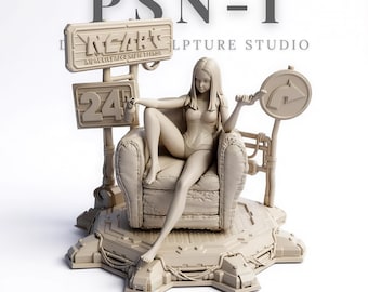 May include: A beige sculpture of a woman seated in a detailed armchair, holding objects. The sculpture includes signage with the text "NEAR'S SCULPTURE STUDIO" and "24". The base has a futuristic design, and the sculpture is set against a white background.
