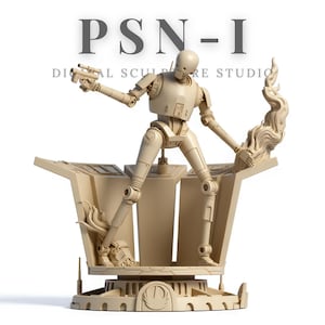 May include: A beige K-2SO droid figure from the Star Wars franchise, holding a blaster and standing on a detailed platform. The figure is posed dynamically, with the text "PSN-I DIGITAL SCULPTURE STUDIO" above.