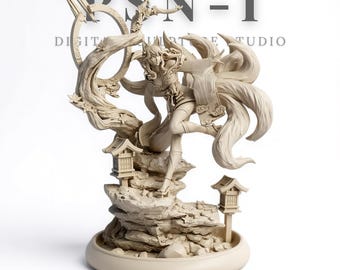 May include: A beige figurine of a female character with nine fox tails, posed on a rocky base with two small lanterns. The figure is surrounded by stylized branches and a circular element. The text "DSN-I DIGITAL ART STUDIO" is visible in the background.