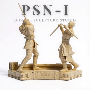 May include: A beige sculpture depicting a scene from Star Wars: Episode I - The Phantom Menace. Two figures are posed in a lightsaber duel, with the text "PSN-I DIGITAL SCULPTURE STUDIO" above. The base features the movie title.