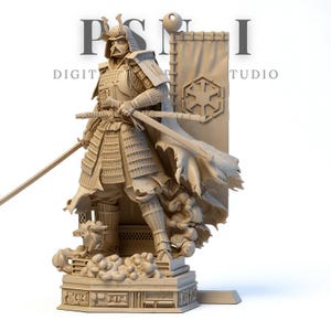 May include: A beige-colored sculpture of a samurai warrior with a helmet and armor, holding two swords. The figure stands on a detailed base with a banner featuring a symbol. The text "PSM DIGITAL STUDIO" is visible in the background.