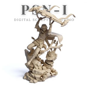 May include: A beige digital sculpture of a character holding a large weapon, standing on a rocky base. The sculpture has a cape and detailed armour. The text "PSN-I DIGITAL SCULPT STUDIO" is at the top.