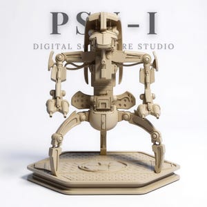 May include: A beige, detailed model of a robot with multiple articulated limbs and a central body. The robot is standing on a hexagonal platform. The text "PS - I DIGITAL SCULPTURE STUDIO" is visible in the background.