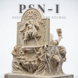May include: Ivory-colored sculpture with detailed relief carvings. The sculpture features a knight on horseback, figures in flowing robes, and a hand holding a chalice. The text "PSN-I DIGITAL FIGURE STUDIO" is visible at the top.