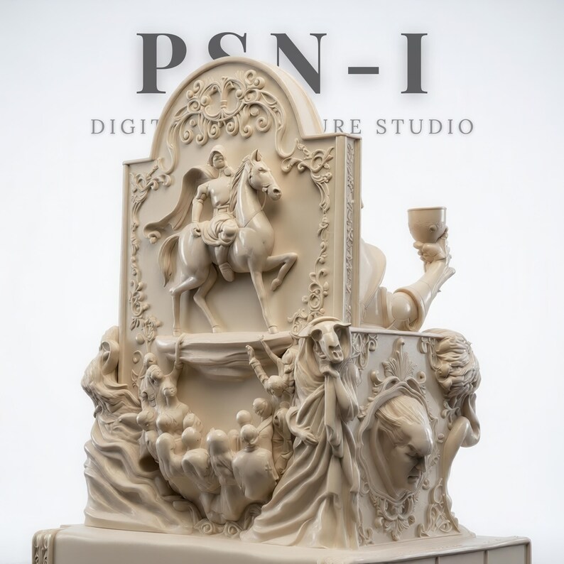 May include: Ivory-colored sculpture with detailed relief carvings. The sculpture features a knight on horseback, figures in flowing robes, and a hand holding a chalice. The text "PSN-I DIGITAL FIGURE STUDIO" is visible at the top.