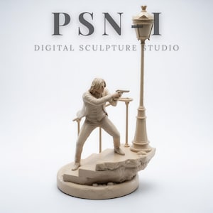 Puede incluir: Escultura beige de una figura apuntando con una pistola, de pie sobre una base rocosa con una farola. La escultura tiene el texto "PSN I DIGITAL SCULPTURE STUDIO" encima.