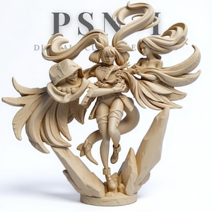 Könnte beinhalten: Beigefarbene Figur einer weiblichen Figur mit langem, fließendem Haar und aufwendigen Flügeln. Die Figur steht auf einem felsigen Sockel, mit einer Kapuzenfigur und einer weiteren weiblichen Figur auf beiden Seiten. Der Text "PSN" ist im Hintergrund sichtbar.